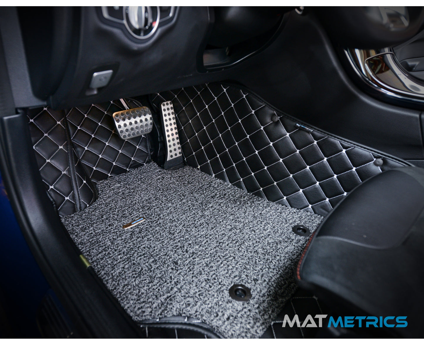 Mat Metrics car mats installed on a Canadian Car; product: Cubic Series Black/White Stitching with Grey Detachable Vinyl Insert