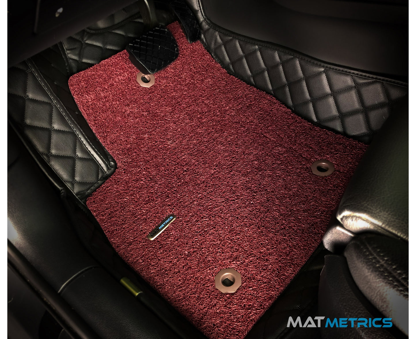 Mat Metrics car mats installed on a Canadian Car; product: Cubic Series Black/Black Stitching with Maroon Detachable Vinyl Insert