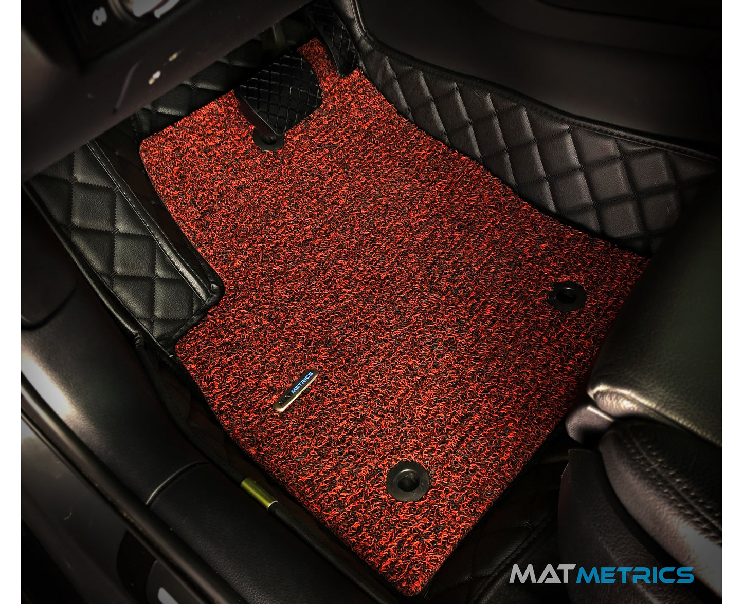 Mat Metrics car mats installed on a Canadian Car; product: Cubic Series Black/Black Stitching with Red Detachable Vinyl Insert