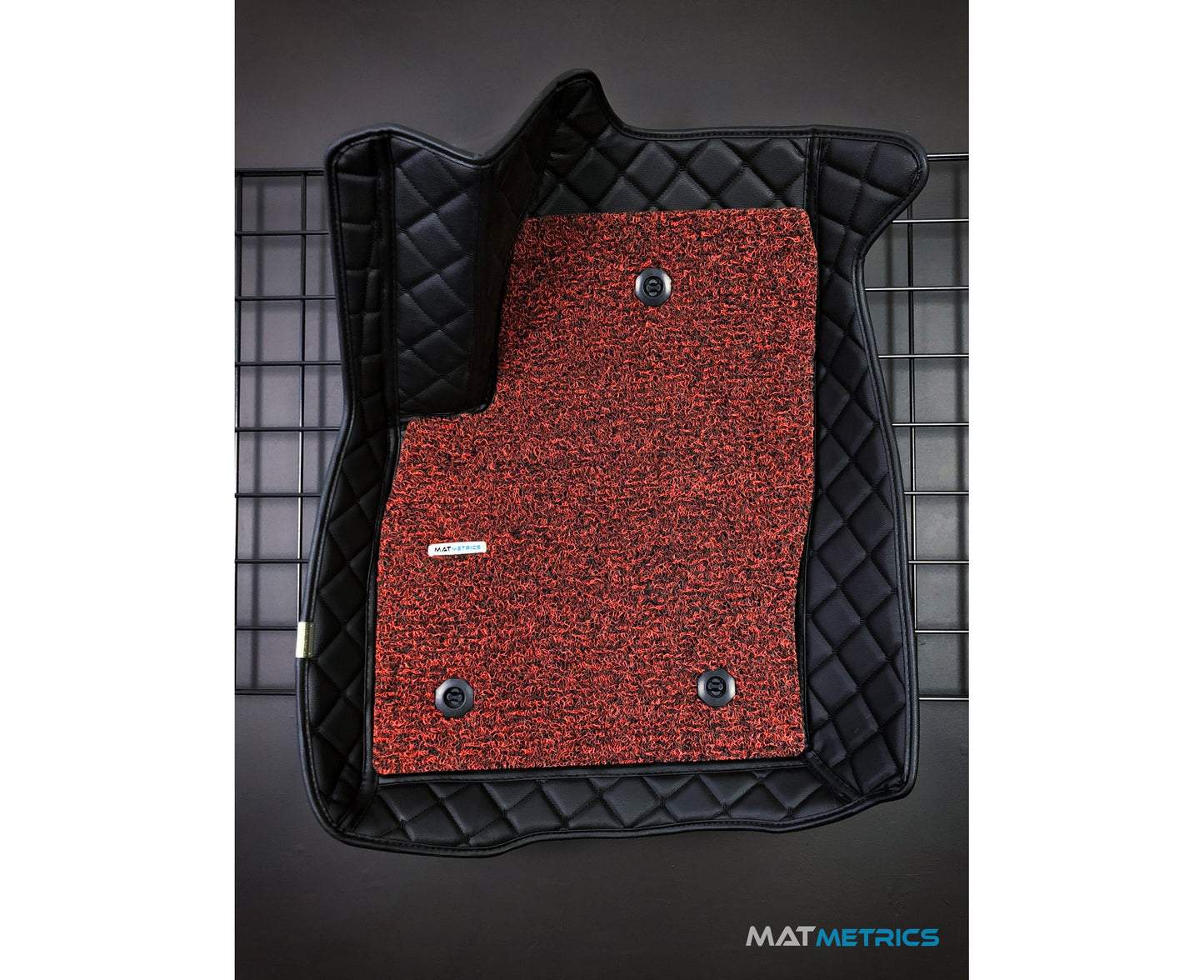 All-weather custom car mats for Canadian/American vehicles, Canadian-made, colour: Cubic Series, Black/Black Stitching with Red Detachable Vinyl Insert