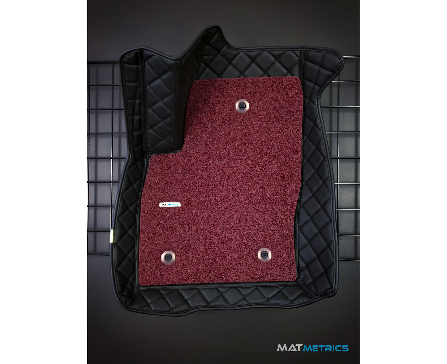 All-weather custom car mats for Canadian/American vehicles, Canadian-made, colour: Cubic Series, Black/Black Stitching with Maroon Detachable Vinyl Insert