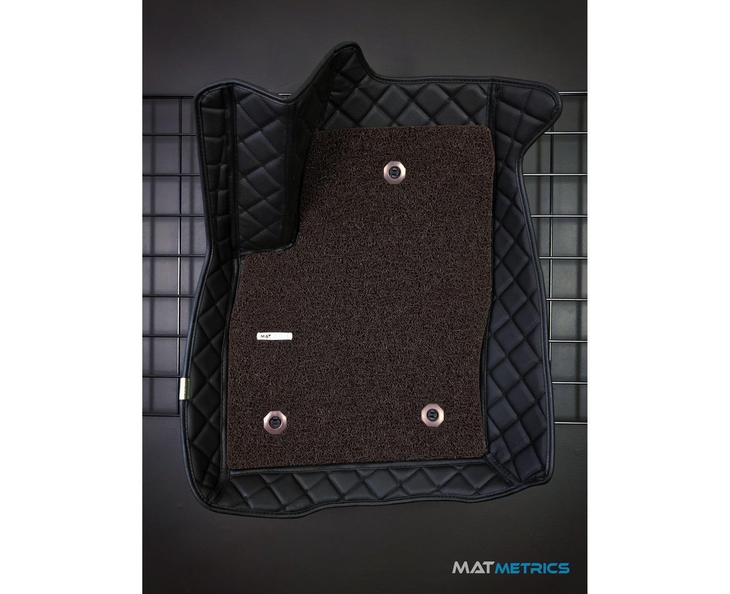 All-weather custom car mats for Canadian/American vehicles, Canadian-made, colour: Cubic Series, Black/Black Stitching with Brown Detachable Vinyl Insert