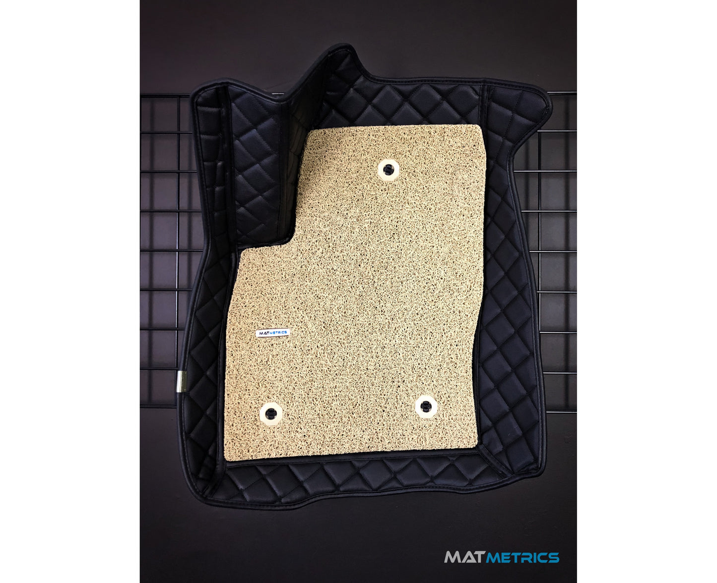 All-weather custom car mats for Canadian/American vehicles, Canadian-made, colour: Cubic Series, Black/Black Stitching with Beige Detachable Vinyl Insert