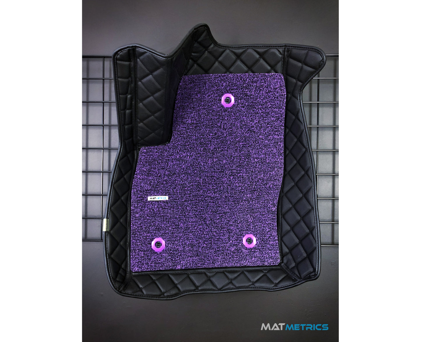 All-weather custom car mats for Canadian/American vehicles, Canadian-made, colour: Cubic Series, Black/Black Stitching with Purple Detachable Vinyl Insert